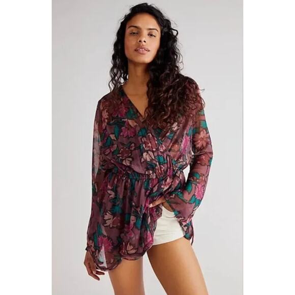Free People Tunic Womens Small Purple Pink Floral Flume Smocked Wrap Sheer Boho - Picture 1 of 10